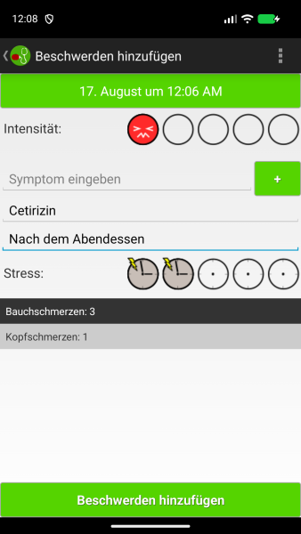 Bildschirm zum Hinzufügen von Beschwerden mit mehreren Symptomen und Sternebewertungen