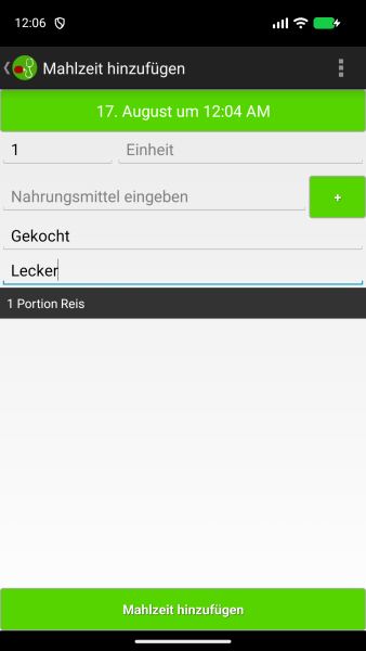 Bildschirm zum Hinzufügen einer Mahlzeit mit Zutat, Zubereitung und Kommentar
