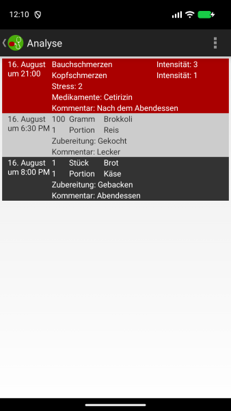 Analysebildschirm mit einer Beschwerde und vorausgehenden Mahlzeiten