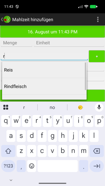 Lokalisierte integrierte Lebensmittelvorschläge während der Eingabe einer Mahlzeit