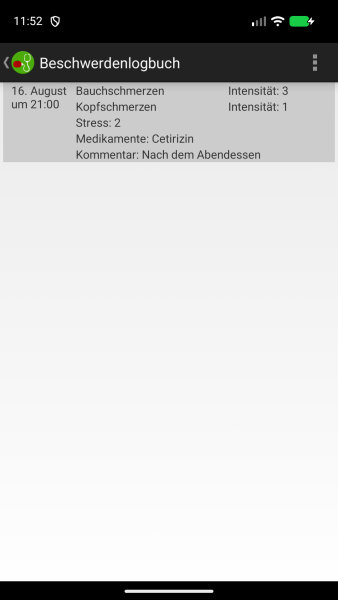 Beschwerdenlogbuch mit gespeicherten Symptomen und Intensitätswerten
