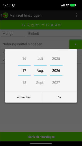Geöffnete Datumsauswahl für den Zeitpunkt einer Mahlzeit