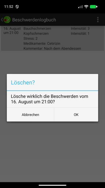 Bestätigungsdialog zum Löschen eines Beschwerdeeintrags