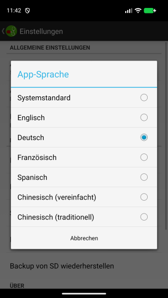 Dialog zur App-Sprache mit Systemstandard und sechs auswählbaren Sprachen