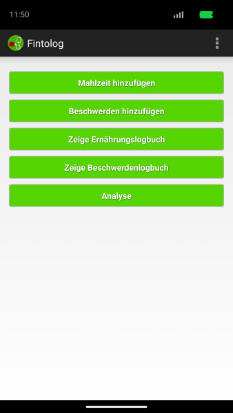Fintolog-Hauptbildschirm mit Schaltflächen für Mahlzeiten, Beschwerden, Logbücher und Analyse