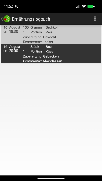Ernährungslogbuch mit gespeicherten Mahlzeiten und Zutaten