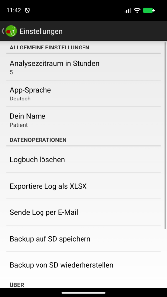 Fintolog-Einstellungen für App-Sprache, Analyse, Export, E-Mail, Sicherung und Wiederherstellung